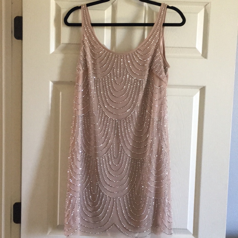Nude mesh with silver beading mini dress